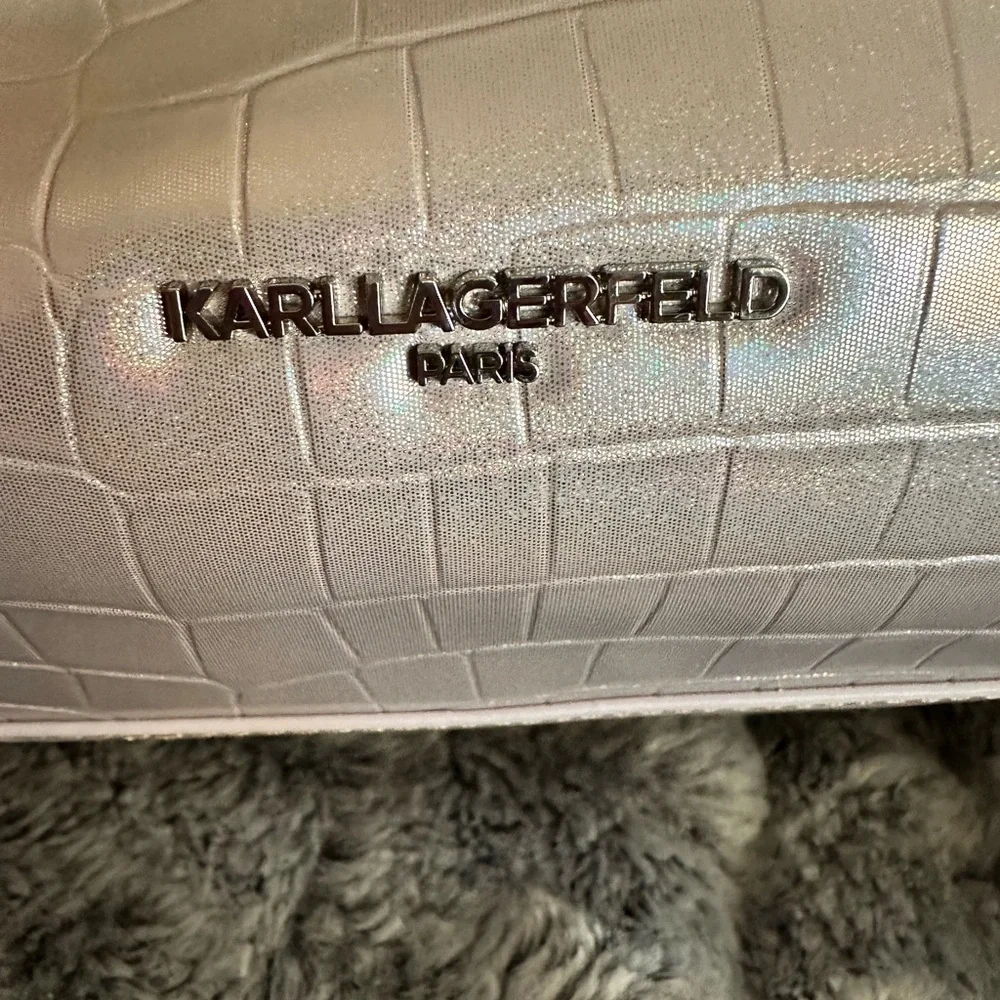 Karl Lagerfeld Iridescent Light Pink Croc-Embossed Satchel